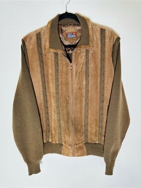 Vintage Sears Premiere Suede Knit Bomber Jacket XL Brown Full Zip 70s Dadcore